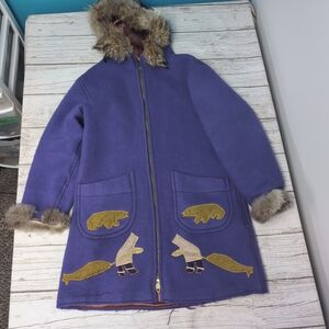 Vintage 70s Inuit Wool Parka With Fishing Whale Motif And Fur Trim Lightning Zip